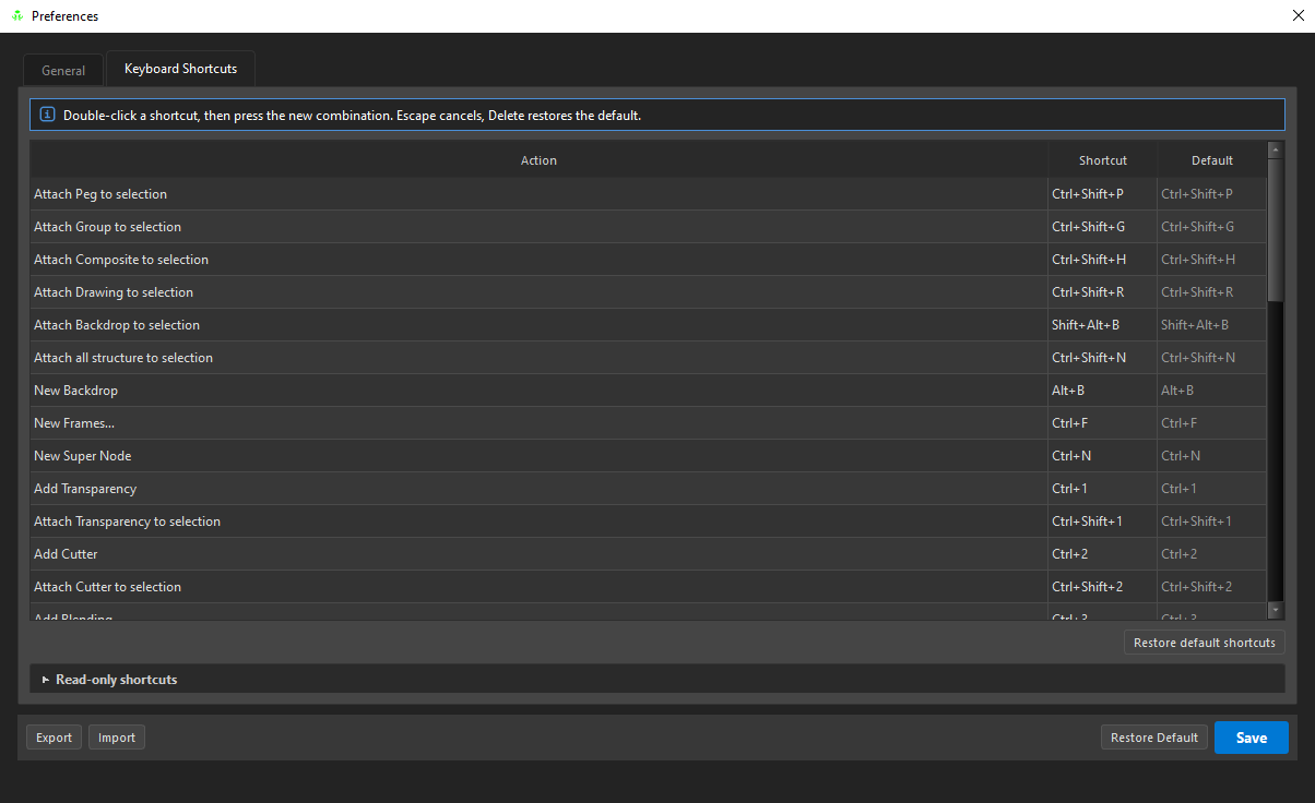 Preferences — Keyboard Shortcuts