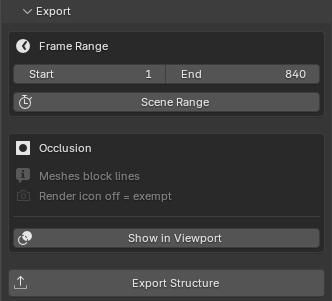 Export — Frame Range, Occlusion, Export Structure